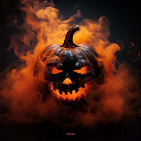 A captivating Halloween scene with a fiery pumpkin amidst smoky tendrils, blending terror and fascination against a dark backdrop.