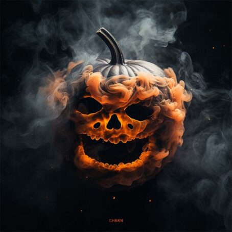 Spooky Halloween image: fiery pumpkin with smoky crown, embodying fear and awe on a dark background.