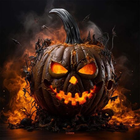 Intricately carved Halloween pumpkin wreathed in ethereal smoke, vibrant orange hue against inky darkness, resonating with the spirit of Halloween.