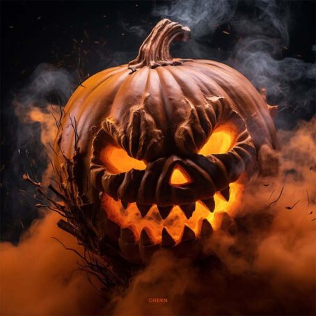 Close-up of a carved pumpkin with smoke against a dark backdrop, exuding Halloween spirit and tradition.