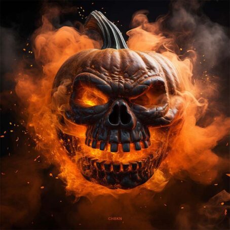 Eerie scene with a skull-carved pumpkin engulfed in ominous flames, detailed skull's eyes gleam amid fiery backdrop.