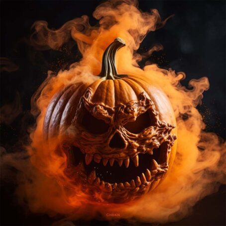 Dark, smoky jack-o'-lantern illuminated from within, vividly carved features create a spooky Halloween decoration evoking fear and delight.