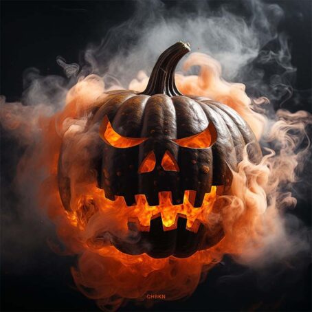 Carved jack-o'-lantern emitting orange-yellow flames, traditional design sets the mood for Halloween night's mystery and anticipation.