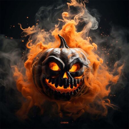 Spooky pumpkin illuminated by orange fire, expertly crafted carving and flickering flames evoke dread, mystery, and warmth.