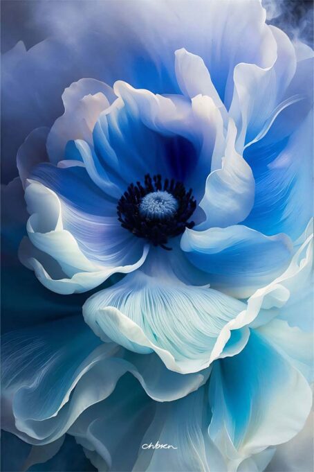 A white and blue flower with silk-like petals