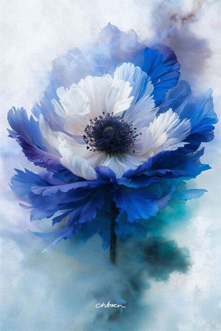 A white and blue Anemone flower in blue mist.