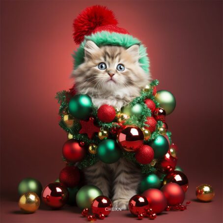 A surprised kitten adorned like a Christmas tree with a Christmas hat on its head.