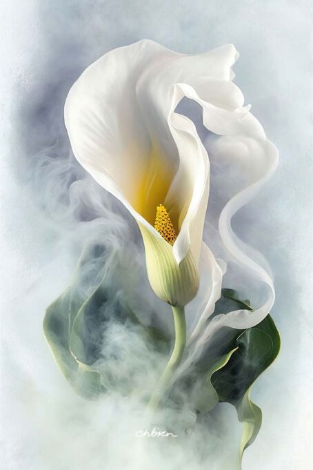 White Calla Lily enveloped in a delicate white mist.