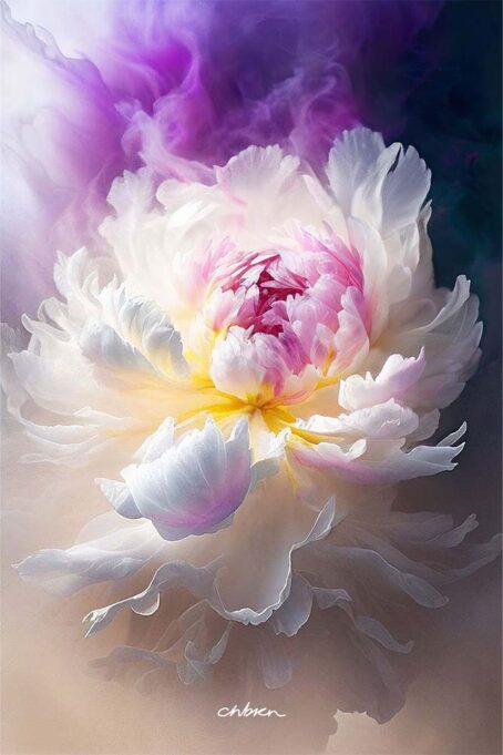 Pink Peony bud in purple and white mist.