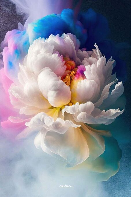 White Peony blossom in blue and pink mist.