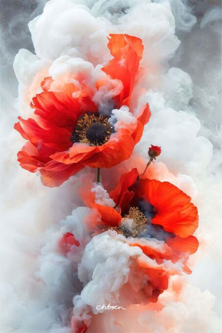 Two red poppy flowers in streams of white mist.