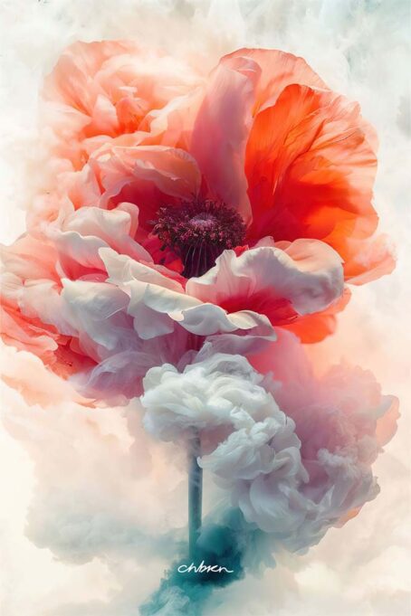 Red poppy flower enveloped in white mist.