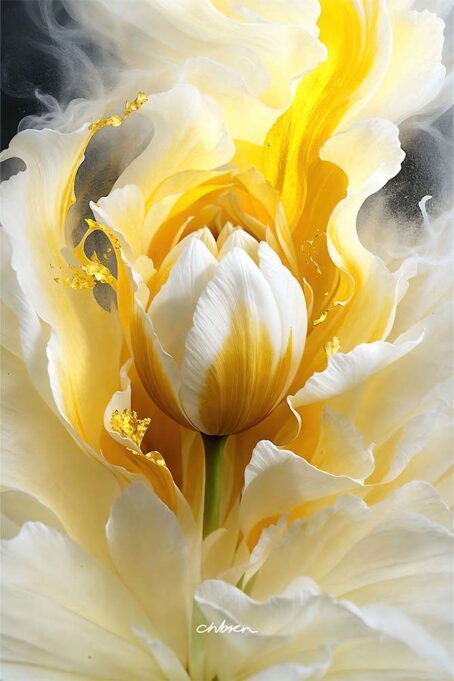 White Tulip bud in whimsical white and golden mist ribbons.