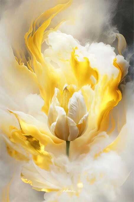 White and gold Tulip surrounded by white and golden streams