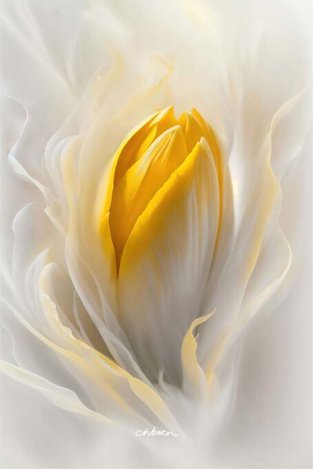 Yellow Tulip bud surrounded by wisps of milky smoke.