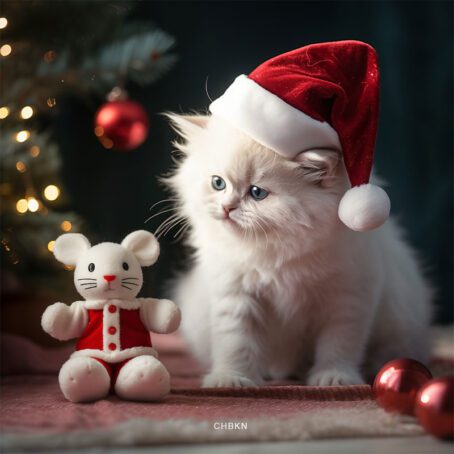 A white kitten in a New Year's hat gazes at a white toy mouse.