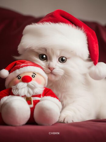 White Kitten in Santa’s Red Hat