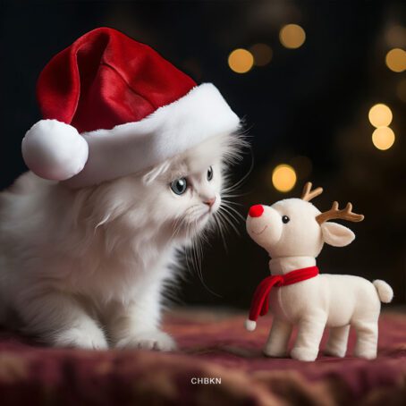 A white kitten in a Christmas hat getting acquainted with a toy Christmas reindeer.