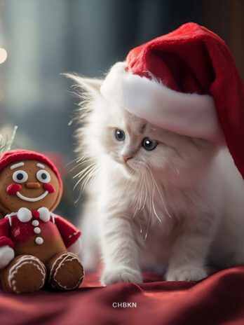 White Kitten in Red Santa Hat