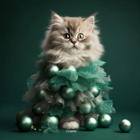 A surprised kitten in a Christmas tree costume adorned with light green ornaments.