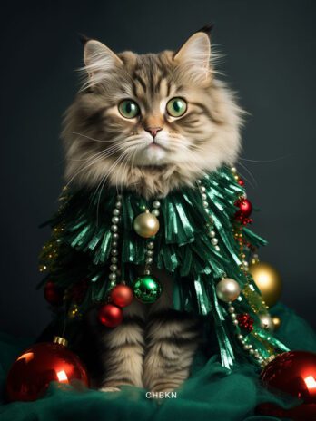 Cat Adorned as New Year Tree with Beads
