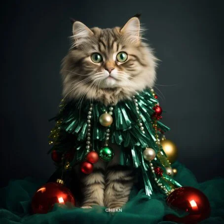 A cat dressed up as a New Year tree with beads and ornaments.