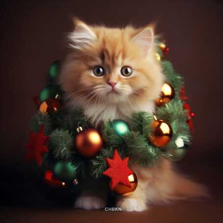 A ginger kitten adorned like a Christmas tree with fir branches and tree decorations.