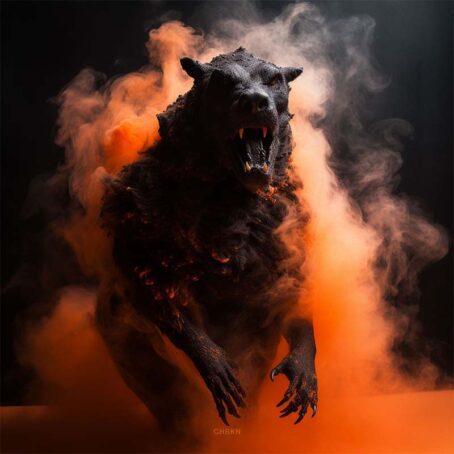 Growling werewolf with an open mouth against a background of orange smoke