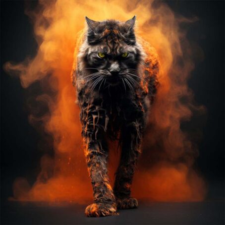 A large, ominous black cat emerges from a cloud of orange smoke