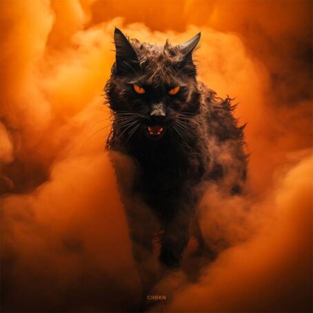 The figure of a black cat with a frightening gaze surrounded by orange smoke