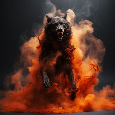 A black wolf rising on its hind legs with a bared mouth, engulfed in orange smoke