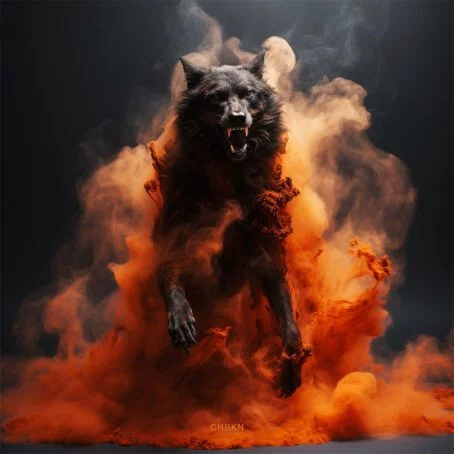 A black wolf rising on its hind legs with a bared mouth, engulfed in orange smoke