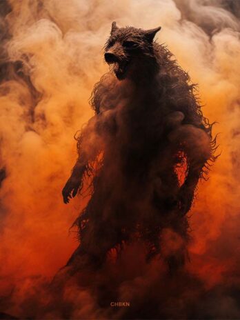 Towering werewolf in orange mist