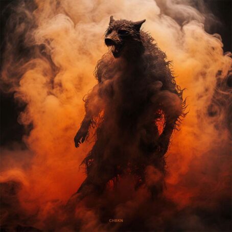 Black sinister silhouette of a werewolf in full height against a background of orange smoke.