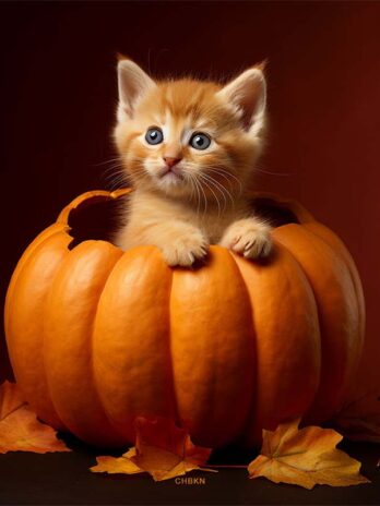 Surprised Kitten in Pumpkin