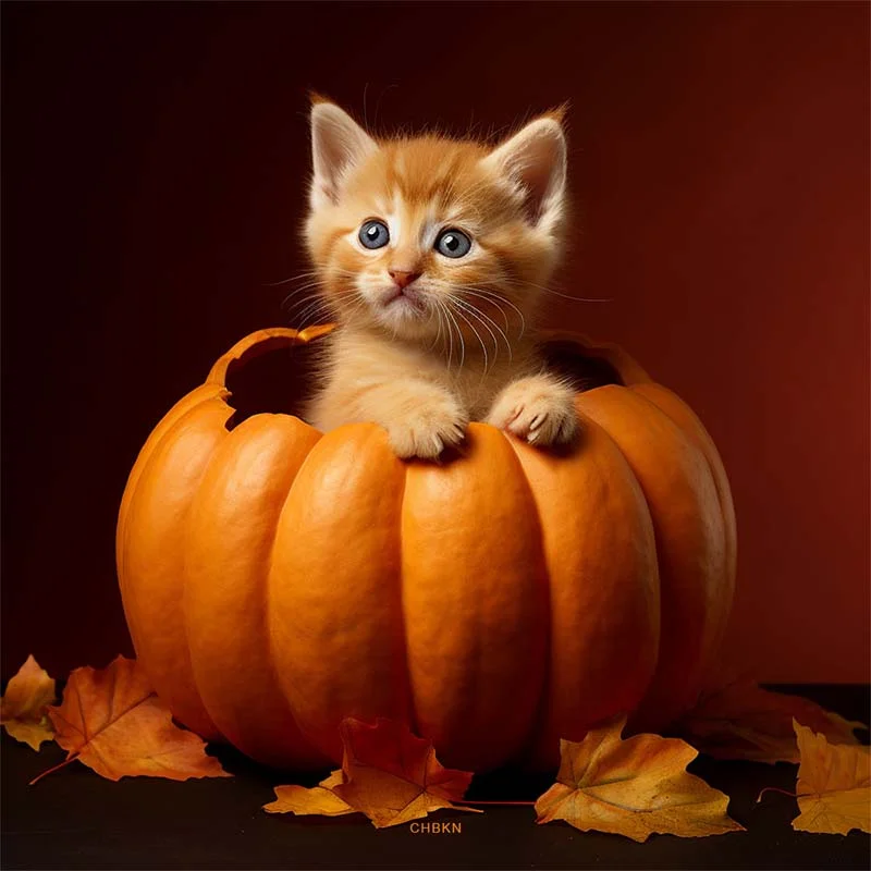 Surprised kitten in pumpkin with leaves