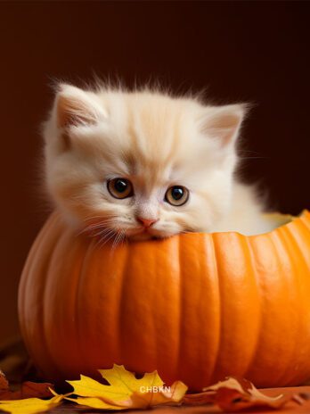 Kitten in Pumpkin with Autumn Leaves