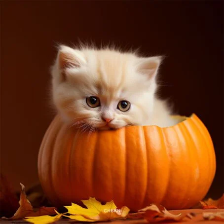 White kitten in pumpkin with leaves