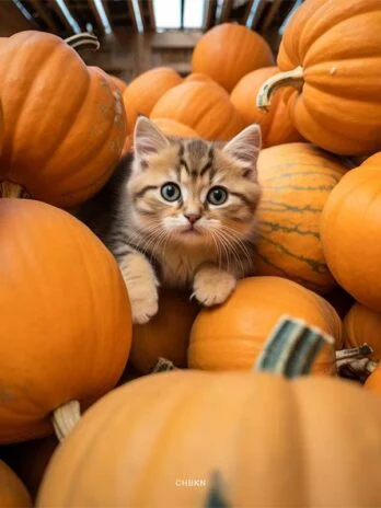 Kitten Amidst Pumpkins at Warehouse