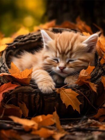 Kitten Sleeping in Autumn Leaves