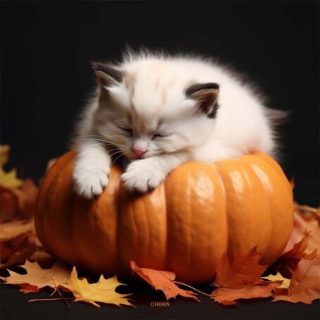 White kitten on pumpkin