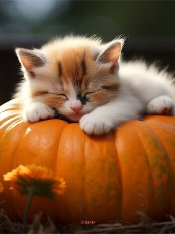 Spotted Kitten on Garden Pumpkin