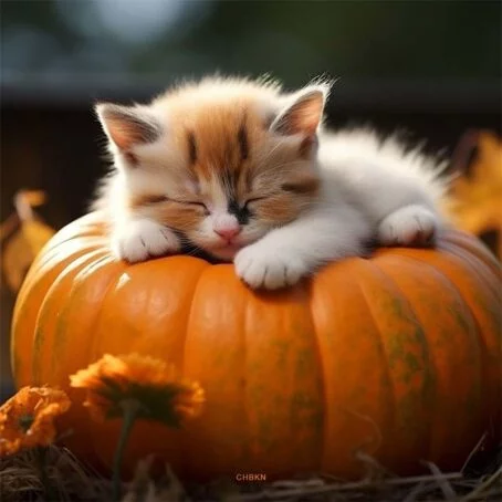 Spotted kitten on garden pumpkin