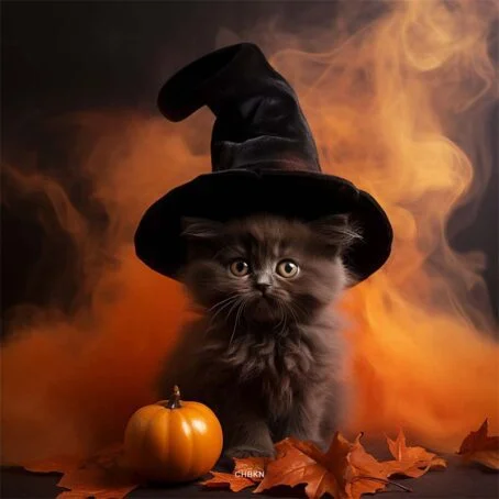 Black kitten in witch's hat with orange smoke