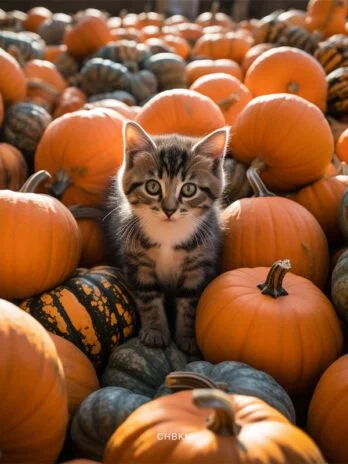 Gray Kitten Amidst Pumpkins