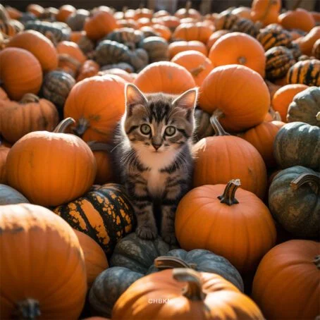 Gray kitten amidst pumpkins