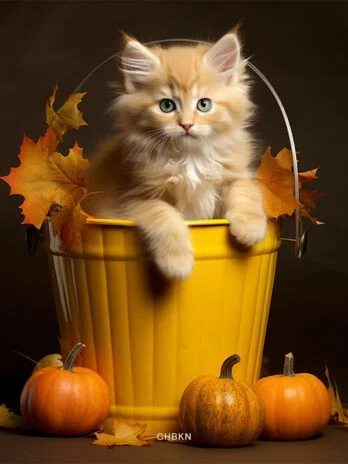 Yellow Kitten in Autumn Bucket