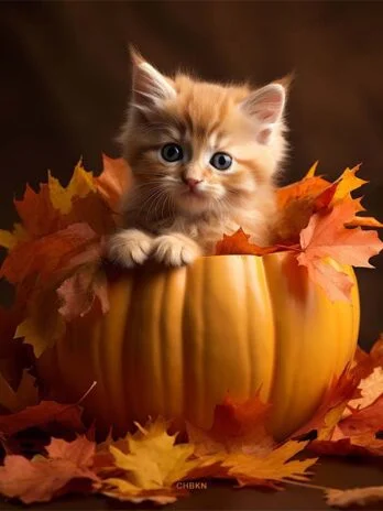 Kitten in Pumpkin Pot
