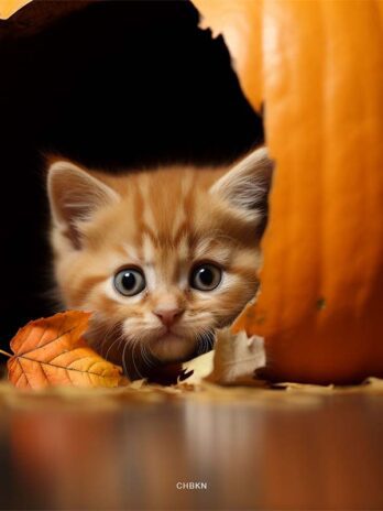 Kitten Peeking from Pumpkin