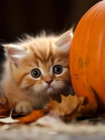 Frightened Kitten and Pumpkin